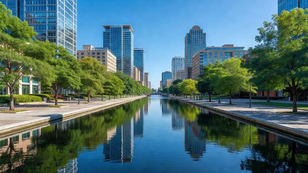 Indianapolis Canal Walk at dusk with downtown skyline reflected in the water