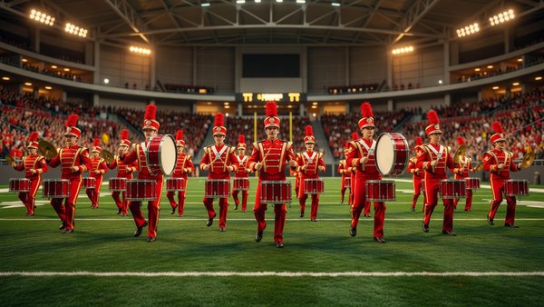 Marching band drum line in bright uniforms performing on a football field under indoor stadium lights