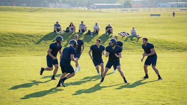 Football players running a drill on an outdoor practice field with spectators watching from a grass berm