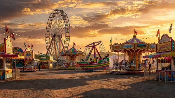 Colorful fairground midway at dusk with carnival lights and crowds