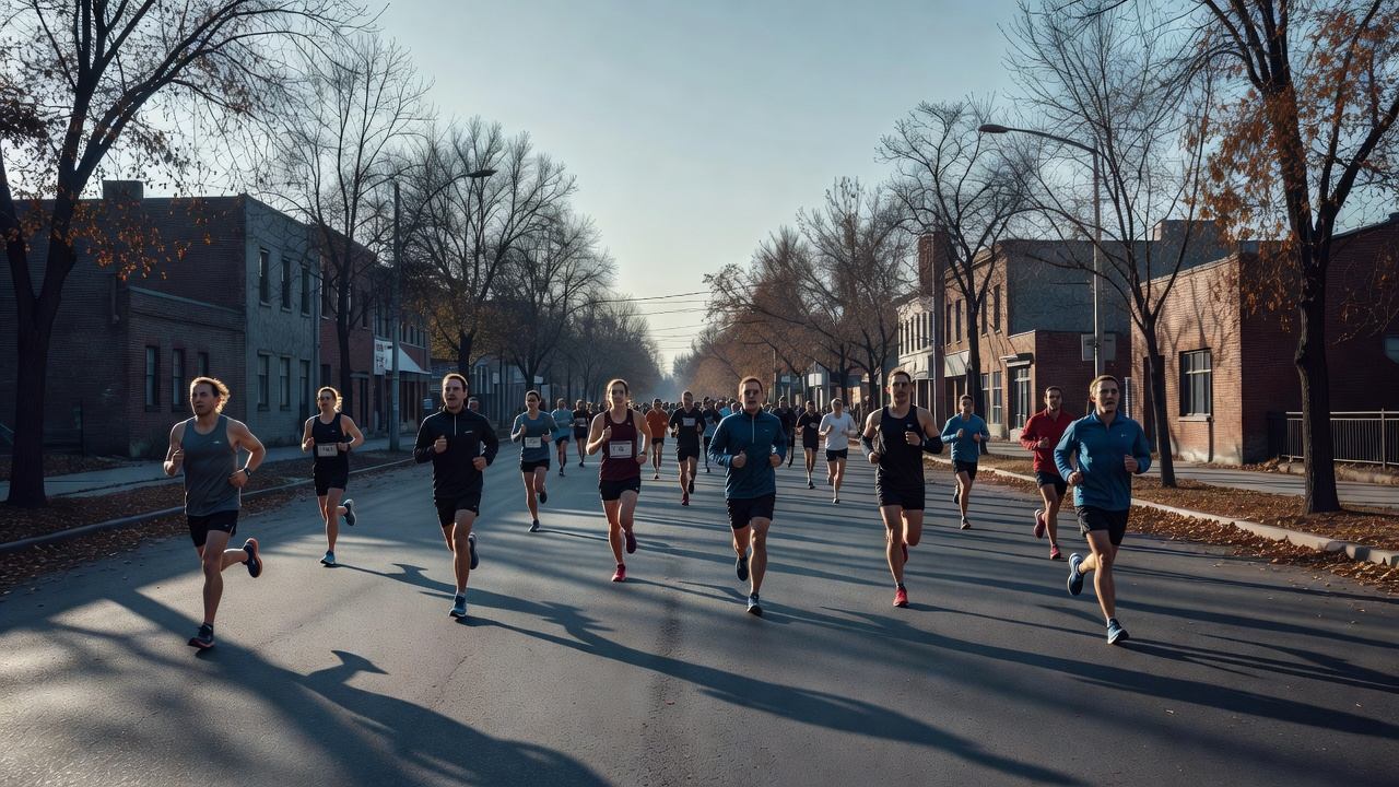 Distance runners on a wide city street in early morning light with autumn trees along the route