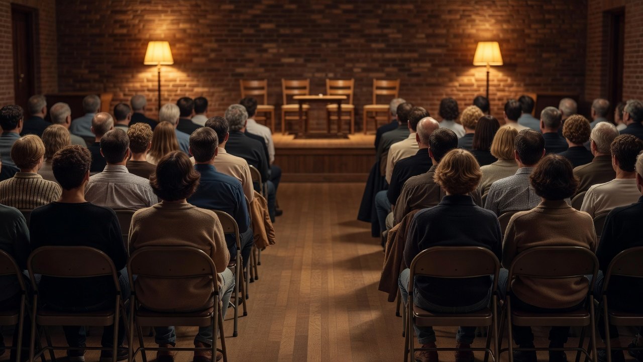 Audience seated in a community hall during a panel discussion with warm lighting and full rows